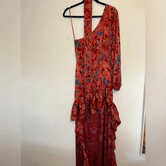 Alexis Marseille Floral Red Gown Maxi Dress One Shoulder High-Low Ruffle size M - Picture 9 of 11